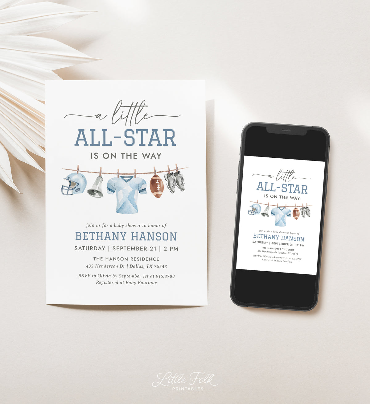 Editable Football Clothesline Baby Shower Invitation Template
