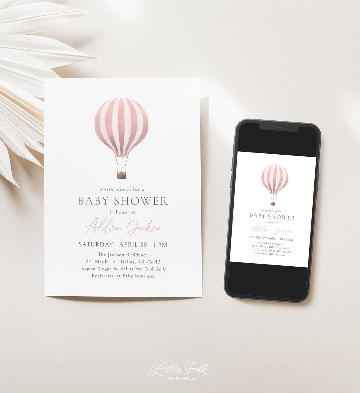 Minimalist Pink Hot Air Balloon Baby Shower Invitation