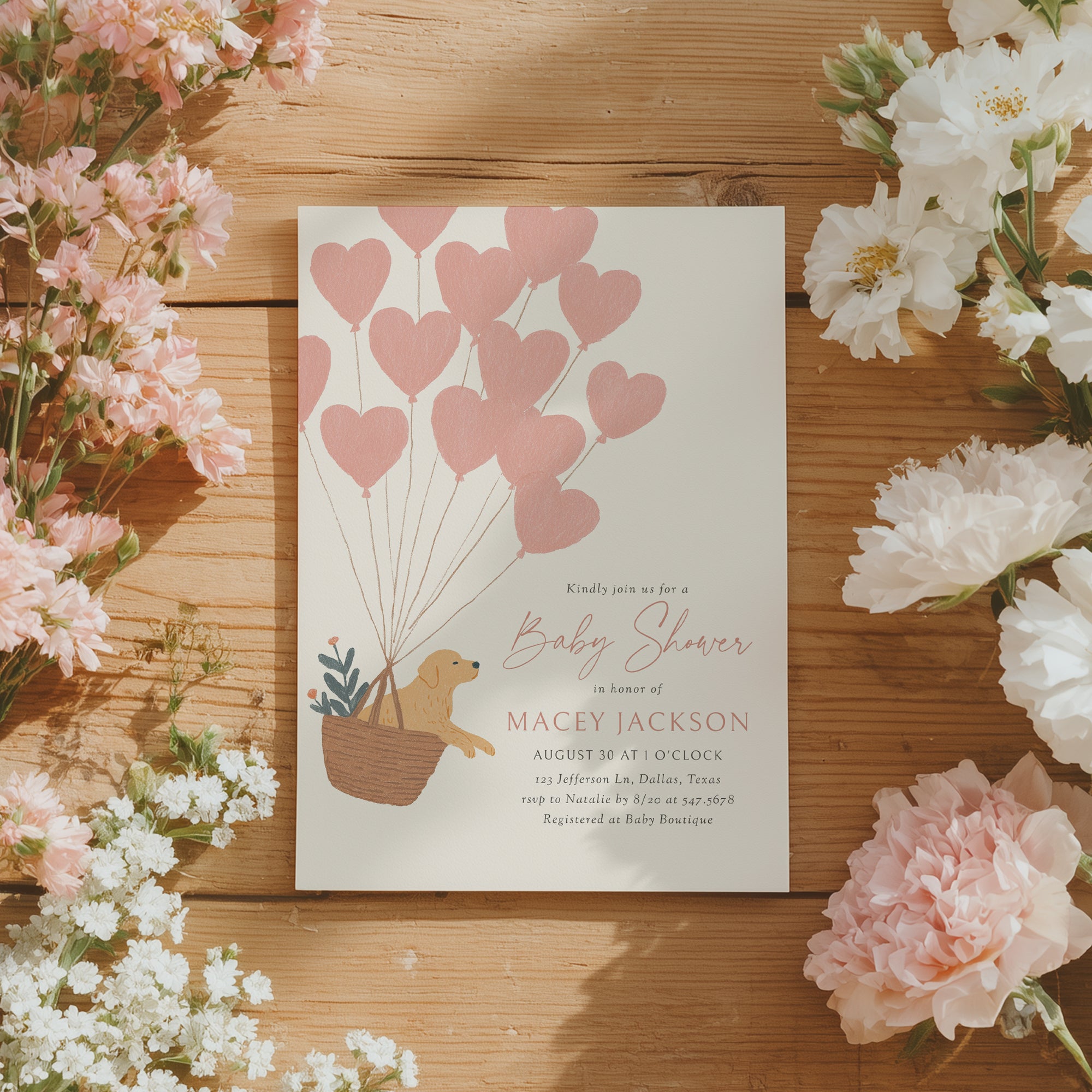 Golden Retriever with Balloons Baby Shower Invitation