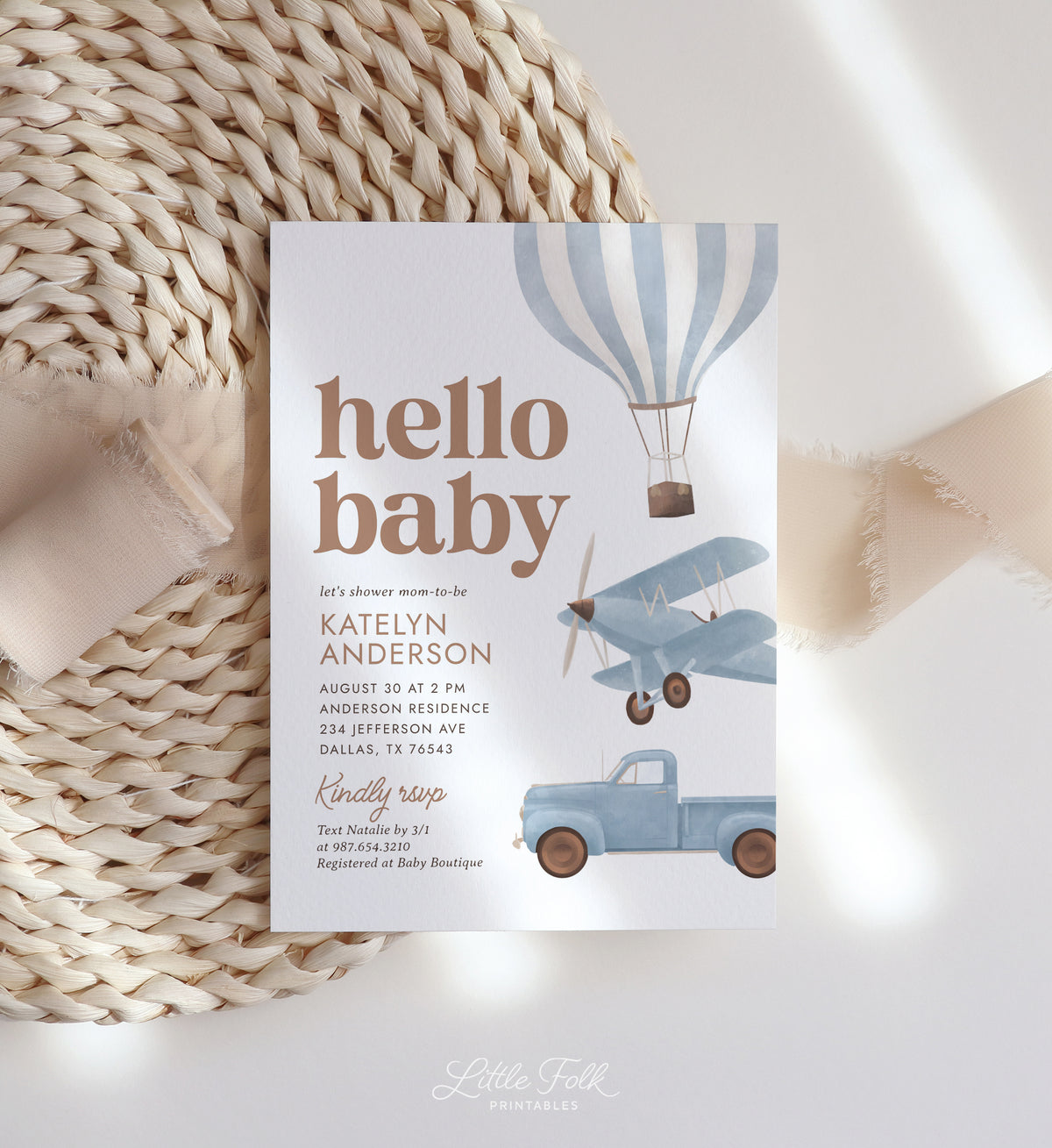 Blue Travel Baby Shower Invitation (Balloon, Plane, Truck)
