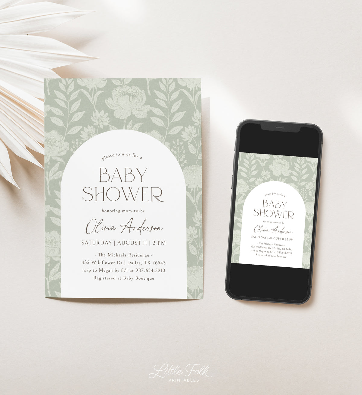 Sage Green Peony Baby Shower Invitation
