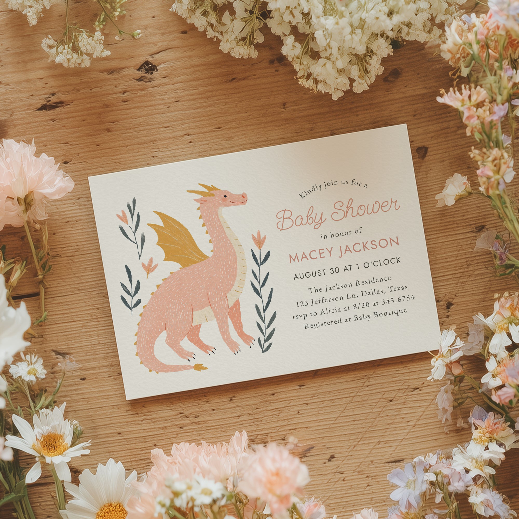 Pink Dragon Baby Shower Invitation Template