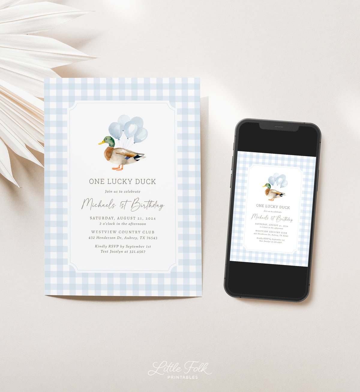 Blue Gingham Duck Birthday Invitation