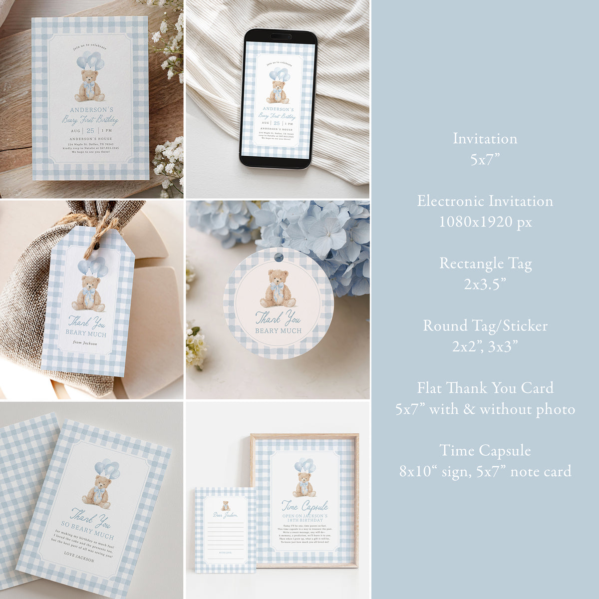 Blue Gingham Teddy Bear Birthday Bundle