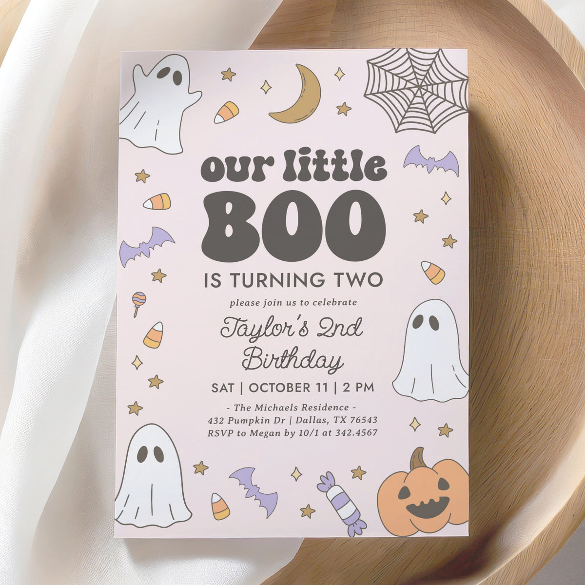 Little Boo Retro Birthday Invitation Template (Pink)