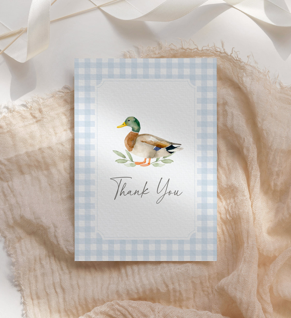 Blue Gingham Duck Duck Baby Shower Folded Thank You Card Template