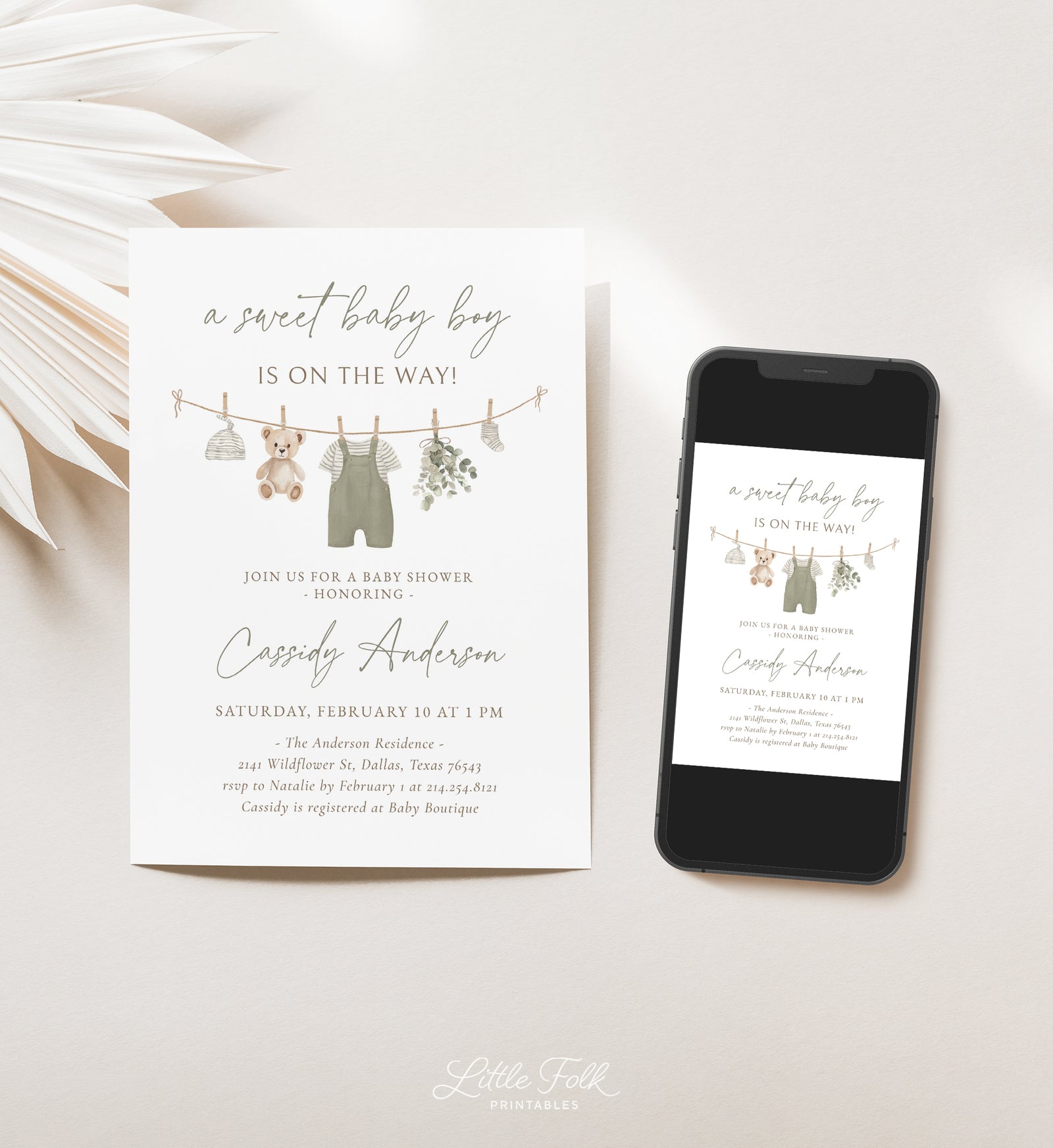 Sage Green Clothesline Baby Shower Invitation