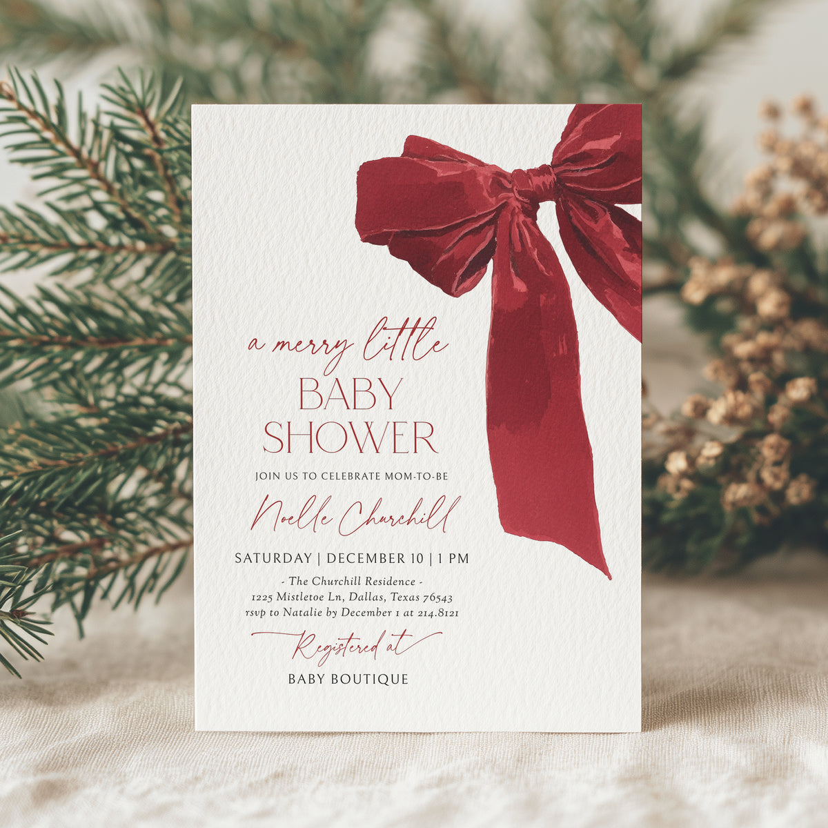 Red Christmas Bow Baby Shower Invitation