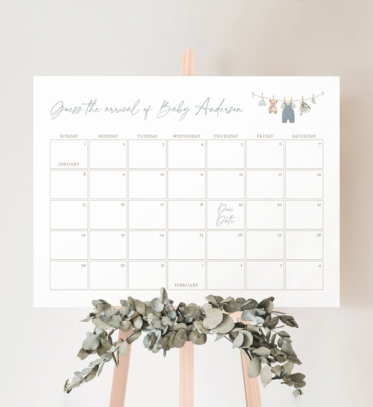 Blue Overalls Clothesline Baby Shower Due Date Calendar