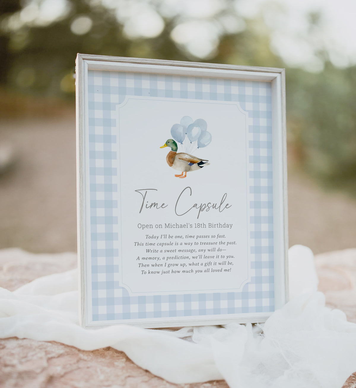 Blue Gingham Duck Birthday Time Capsule Template