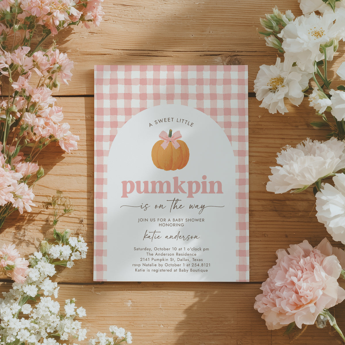 Pink Gingham Pumpkin Baby Shower Invitation