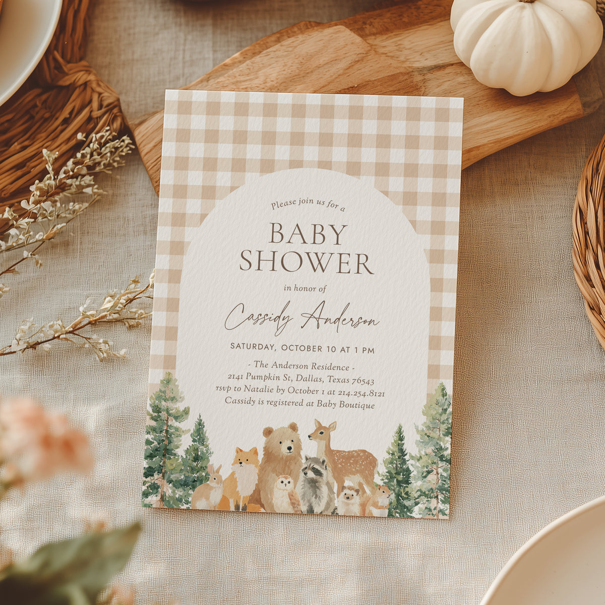 Woodland Gingham Baby Shower Invitation