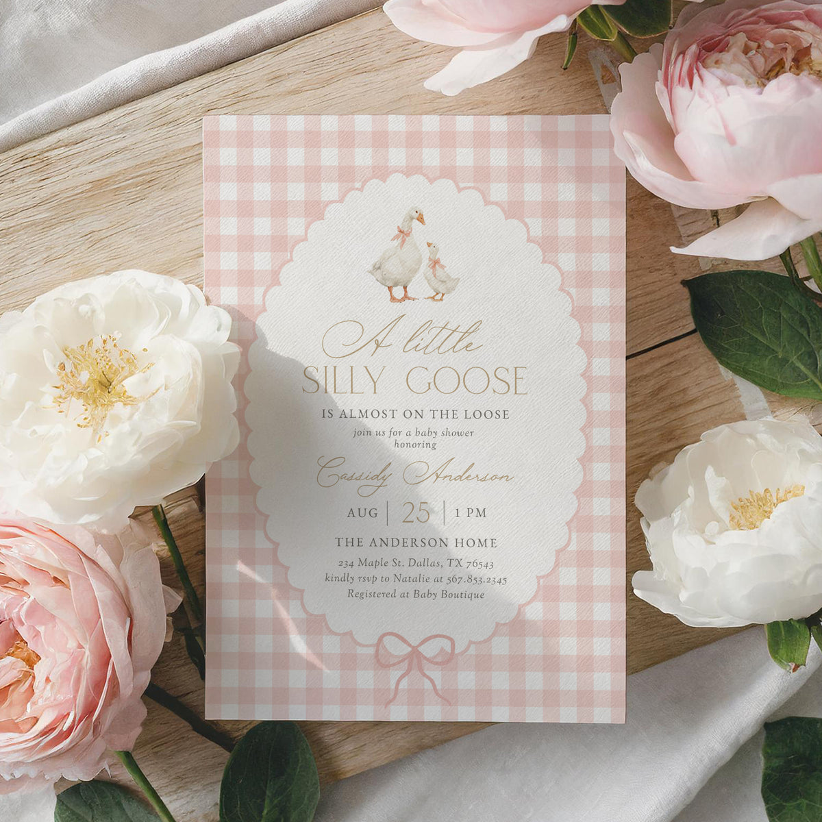 Pink Gingham Goose Baby Shower Invitation