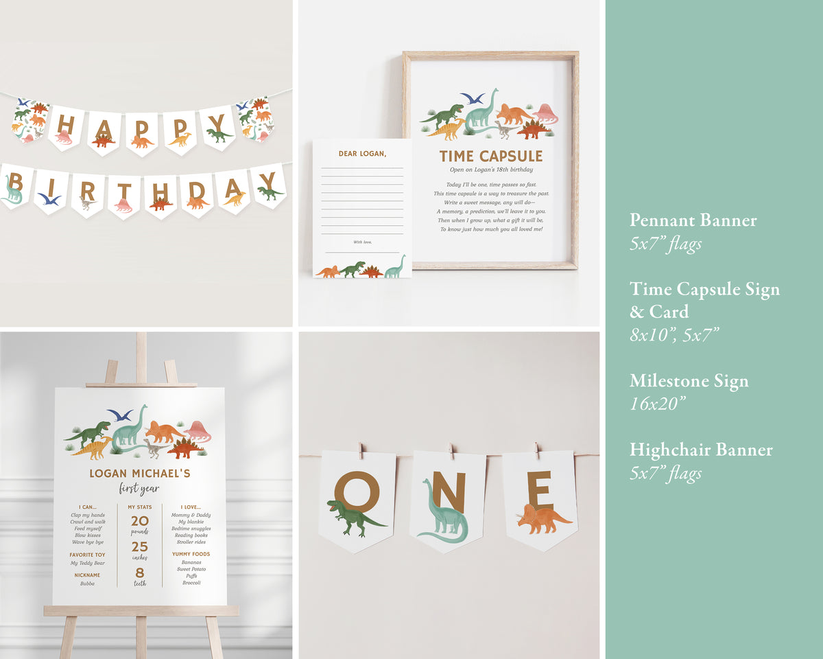 Editable Dinosaur 1st Birthday Bundle