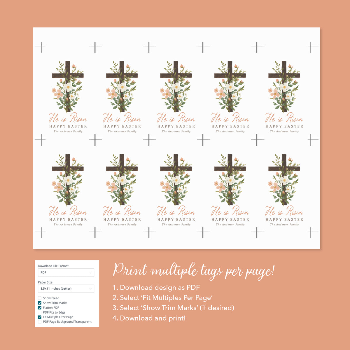 He is Risen Floral Cross Easter Tag