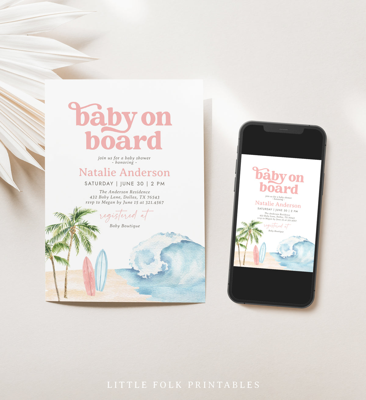Baby on Board Pink Surf Baby Shower Invitation