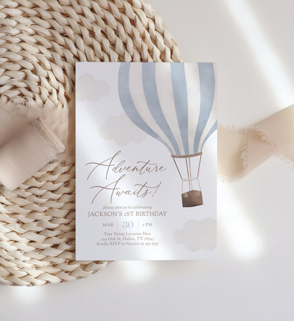 Editable Blue Hot Air Balloon Birthday Invitation Template