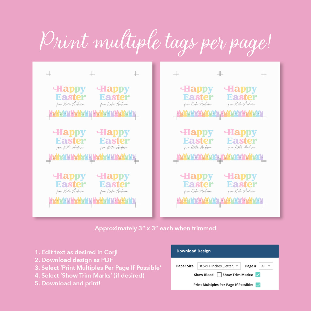 Pastel Bunnies Happy Easter Square Tag Template