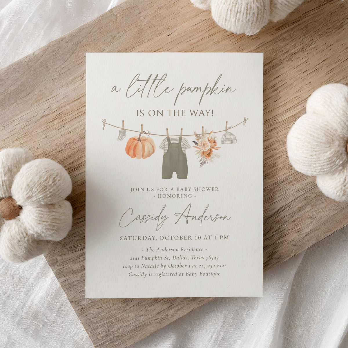 Little Pumpkin Overalls Baby Shower Invitation