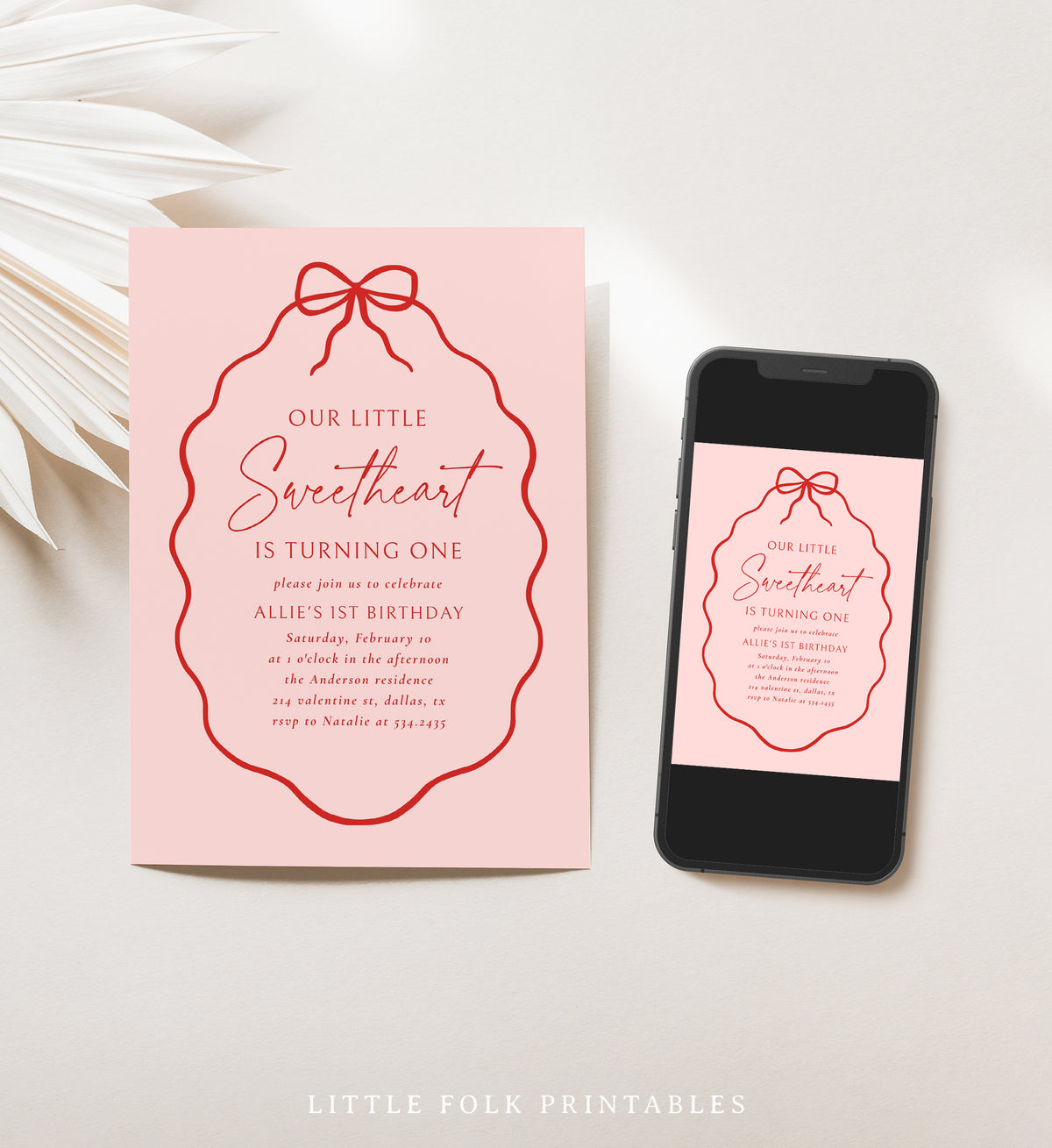 Little Sweetheart Hand Drawn Bow Birthday Invitation