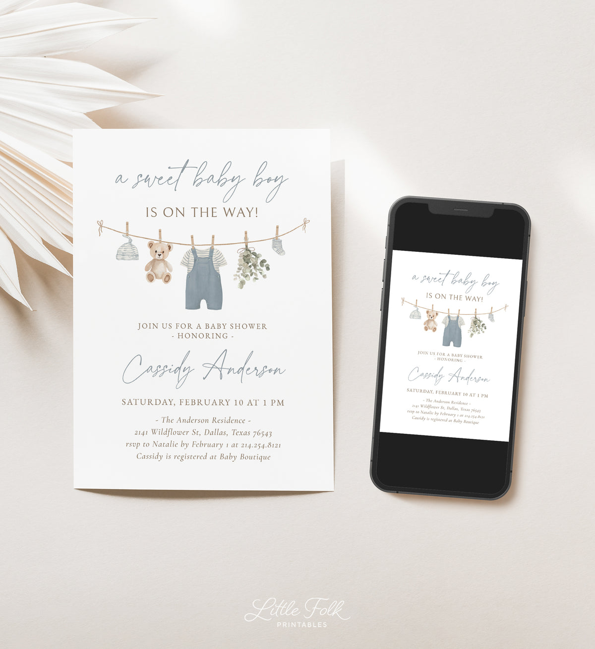 Blue Overalls Clothesline Baby Shower Invitation Suite