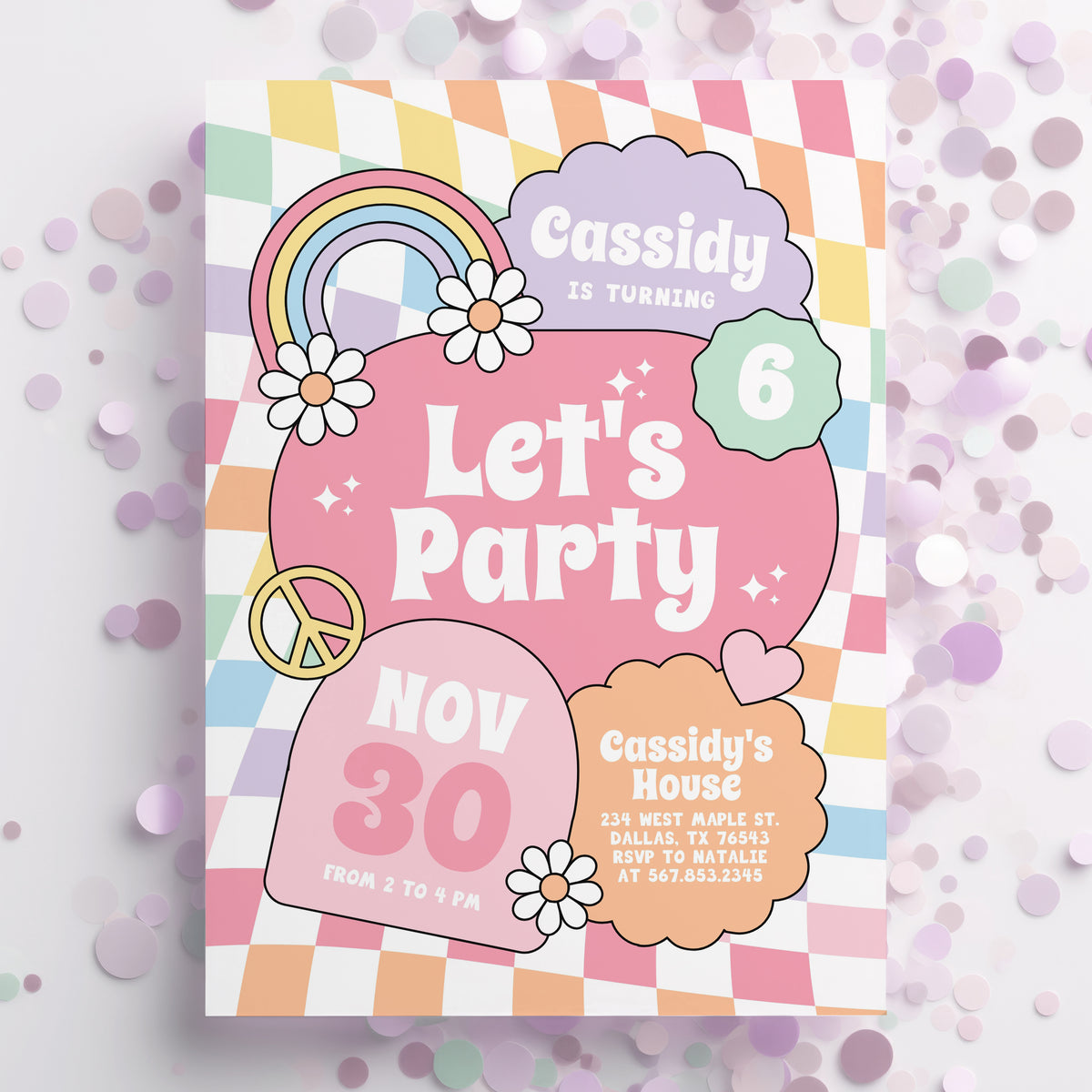 Groovy Pastel Rainbow Checker Birthday Invitation