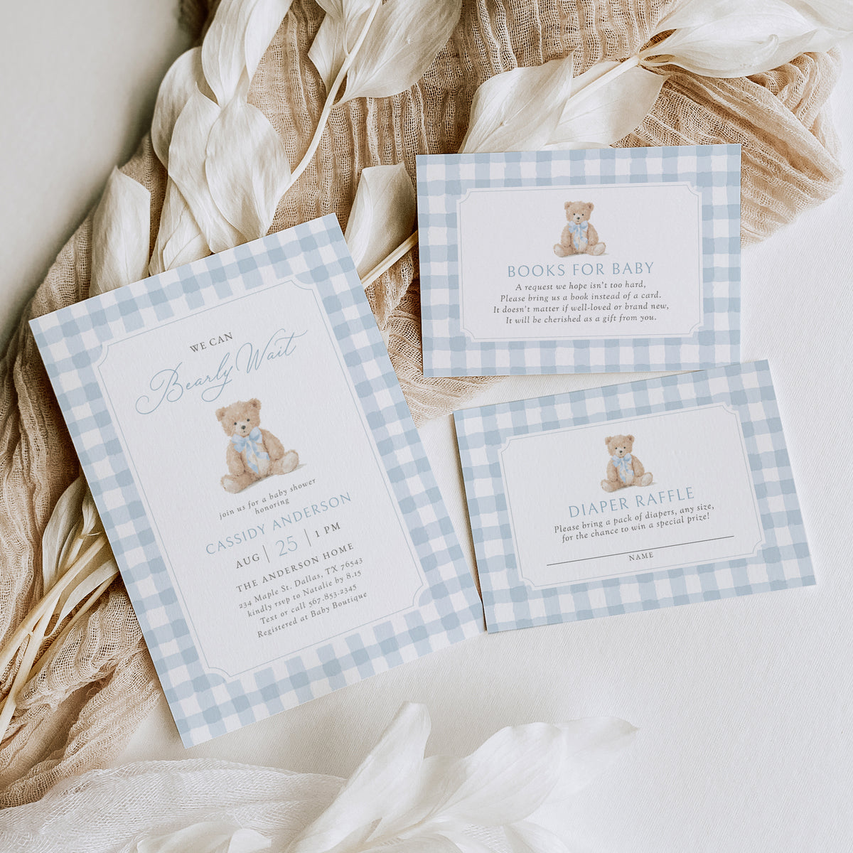 Blue Gingham Teddy Bear Baby Shower Invitation Suite