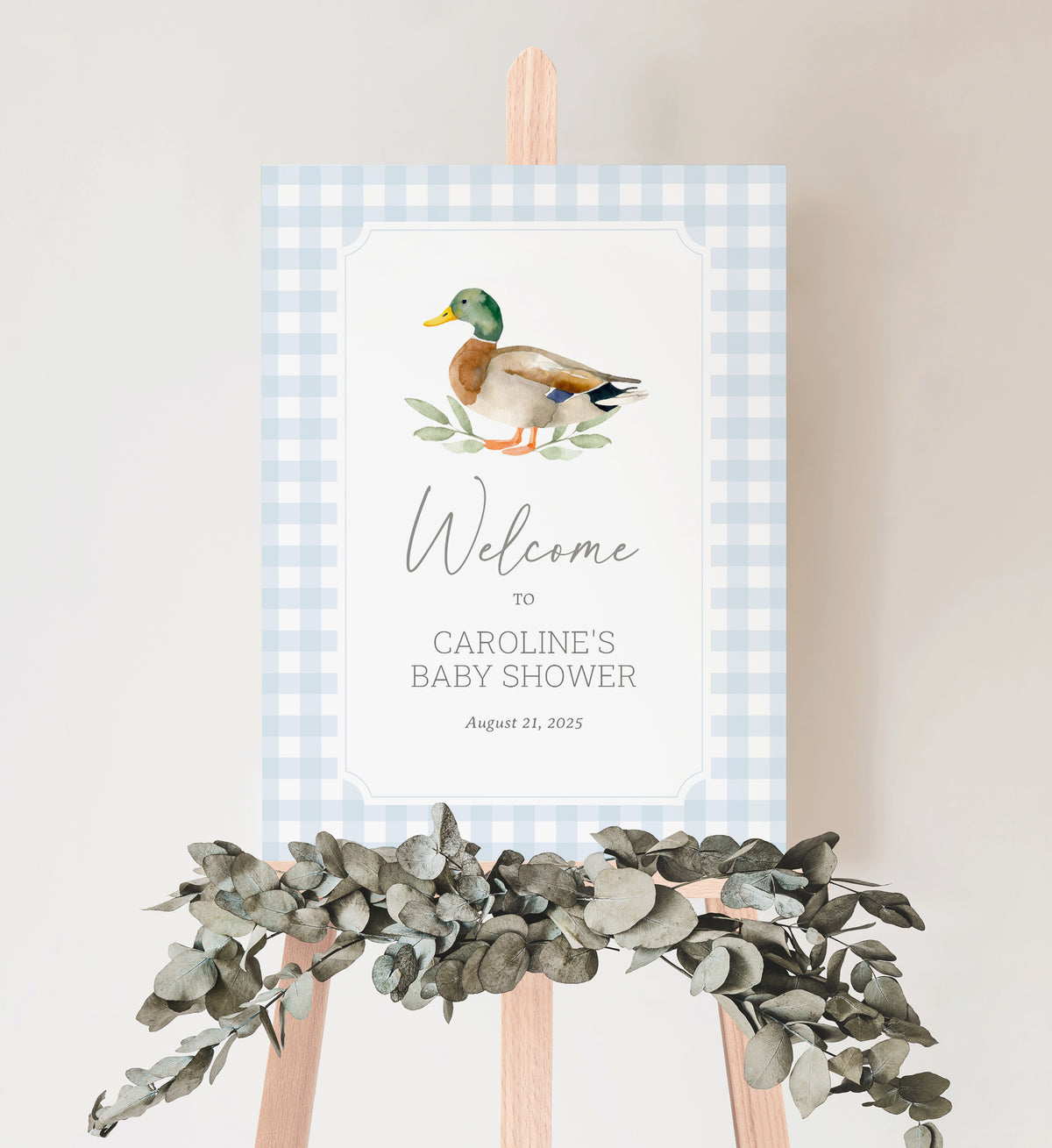 Blue Gingham Duck Baby Shower Welcome Sign Template