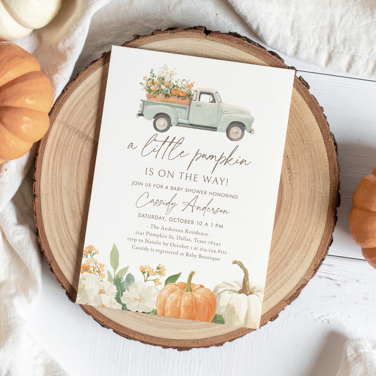 Little Pumpkin Vintage Truck Baby Shower Invitation