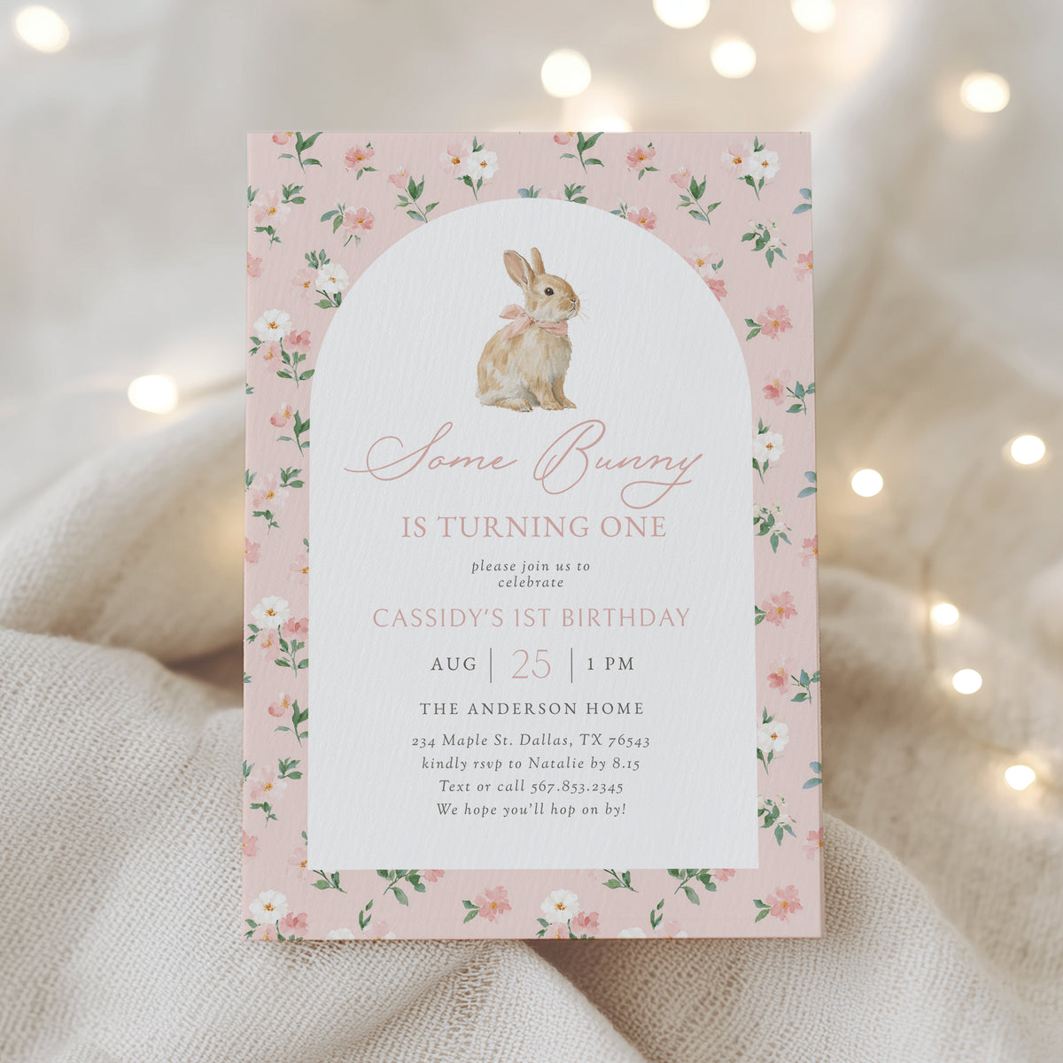 Pink Floral Bunny Birthday Invitation