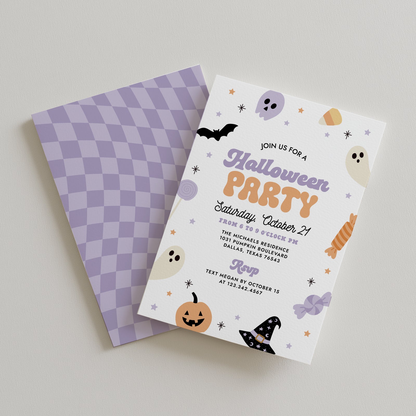 Purple and Orange Retro Halloween Party Invitation