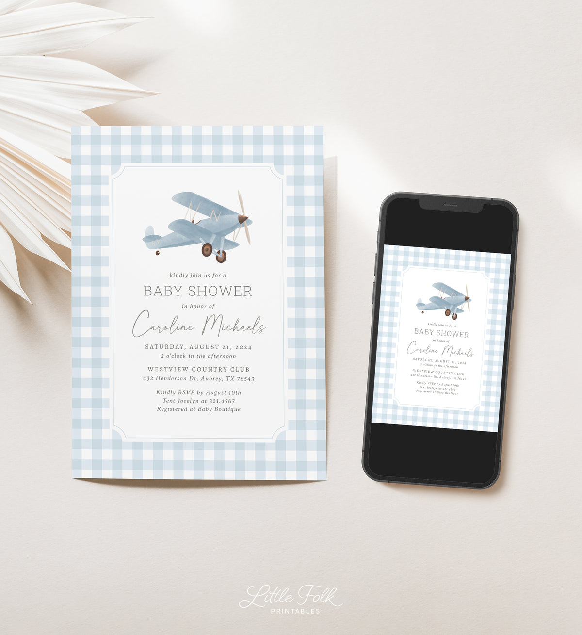 Blue Gingham Airplane Baby Shower Invitation