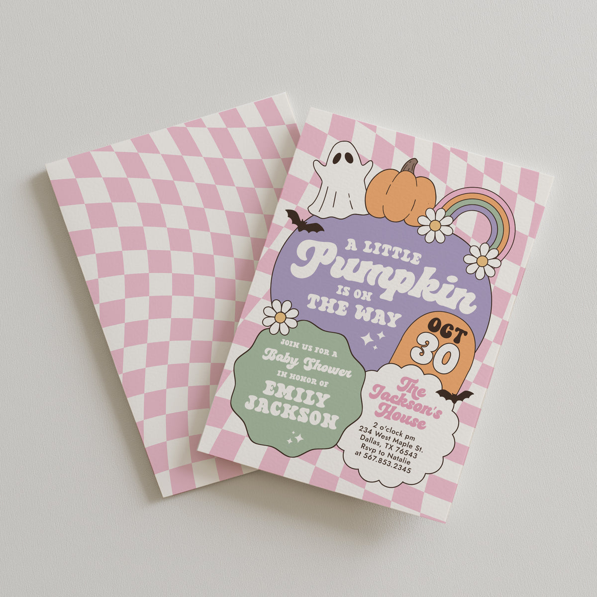 Pink Retro Checker Little Pumpkin Baby Shower Invitation