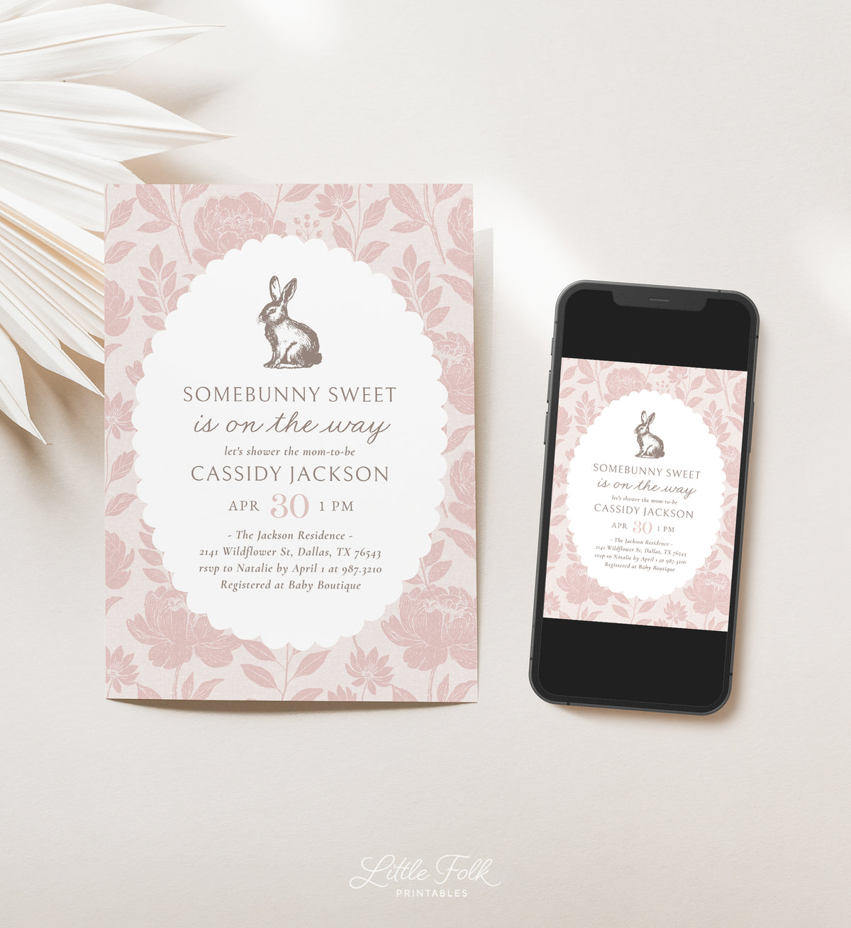 Pink Floral Bunny Baby Shower Invitation
