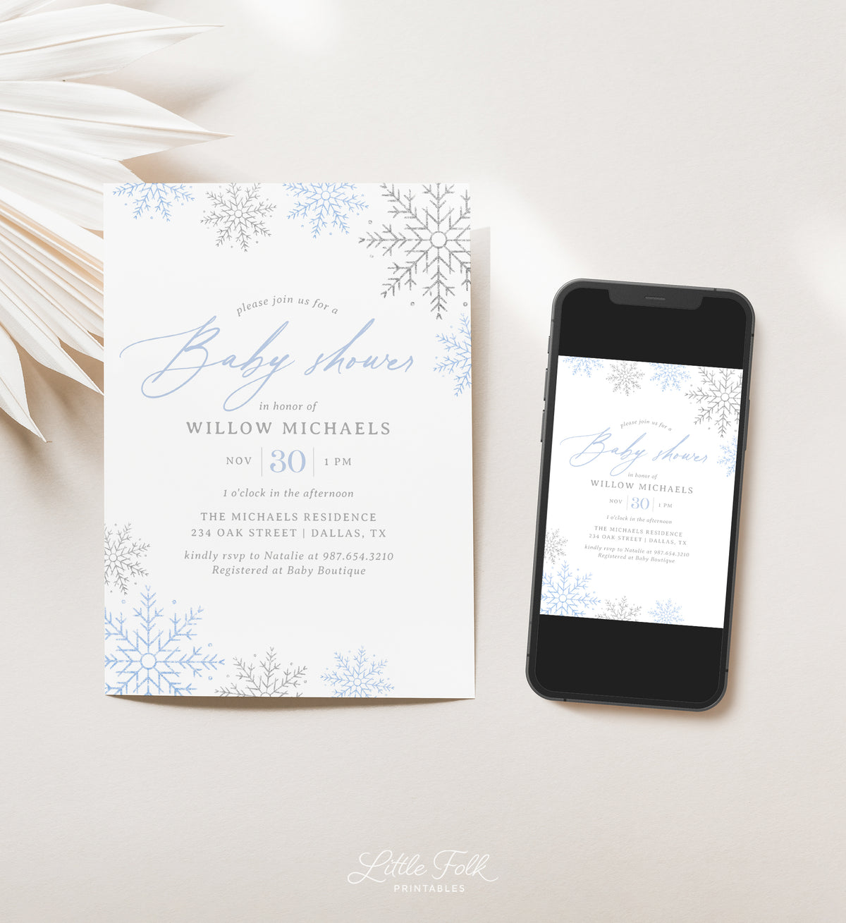 Blue Snowflake Baby Shower Invitation