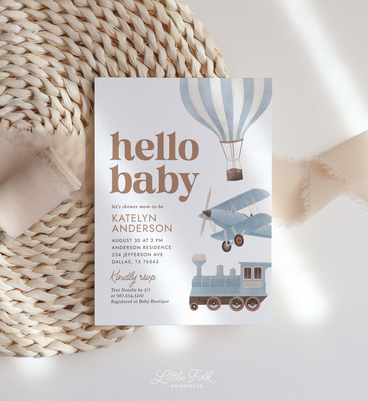 Blue Travel Baby Shower Invitation (Balloon, Plane, Train)