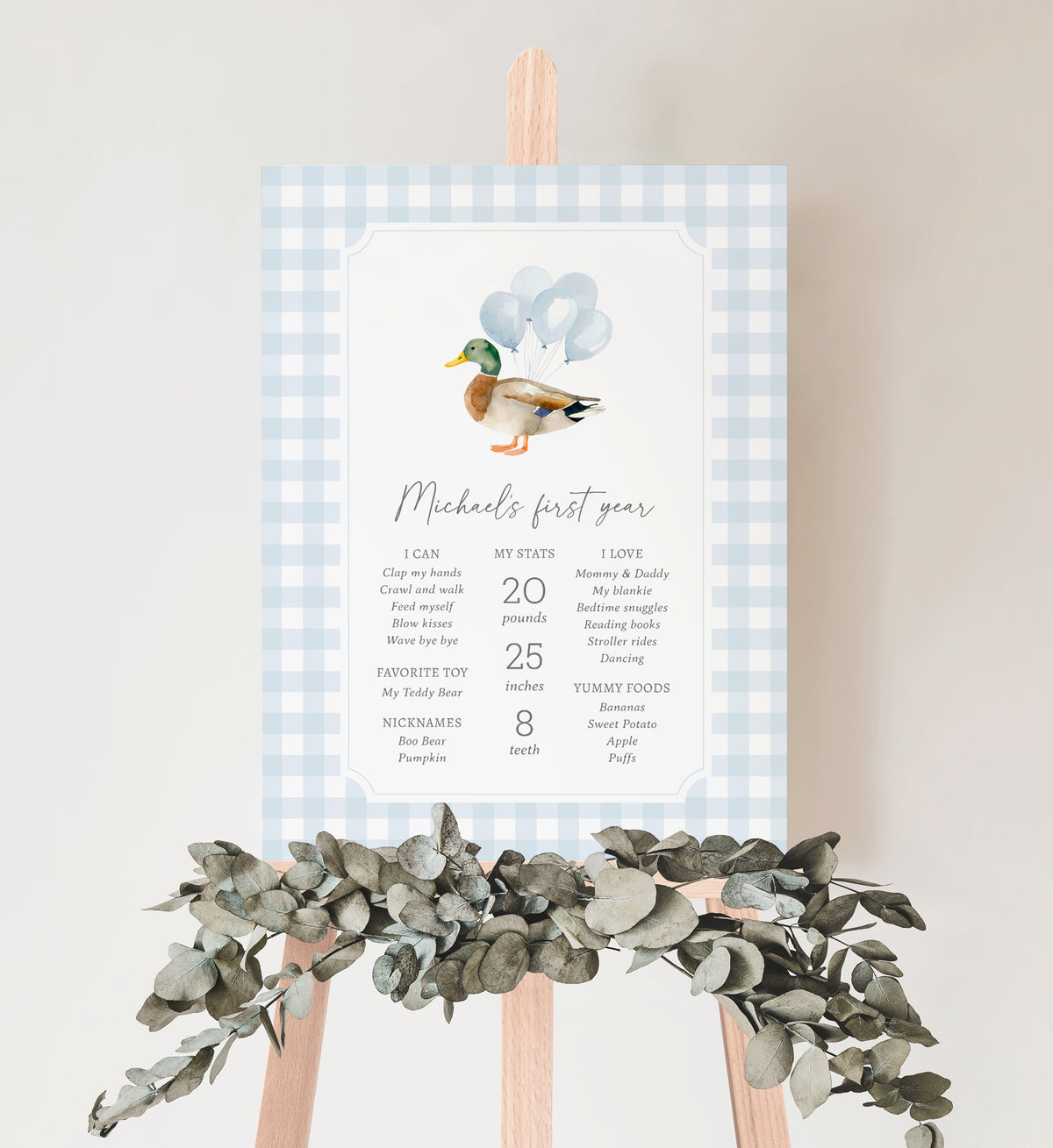 Blue Gingham Duck Birthday Milestone Sign Template
