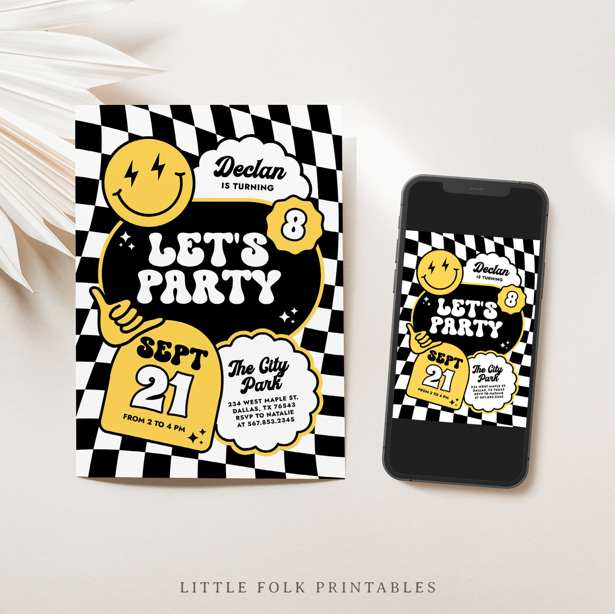 Black and Yellow Checker Smile Face Birthday Invitation