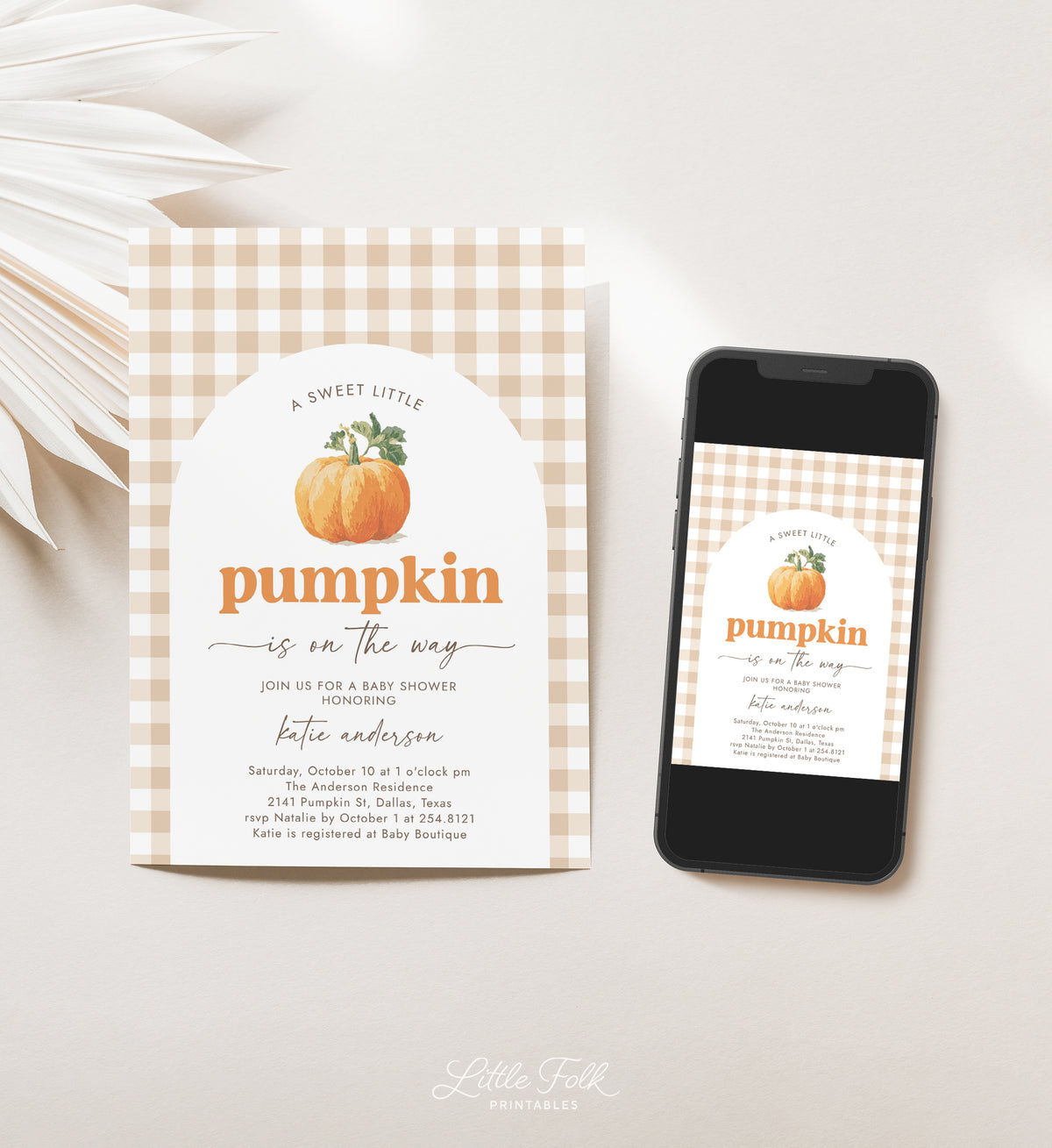Neutral Gingham Pumpkin Baby Shower Invitation