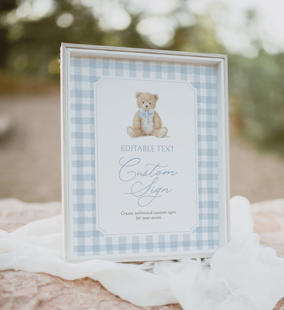 Blue Gingham Teddy Bear Baby Shower Custom Sign
