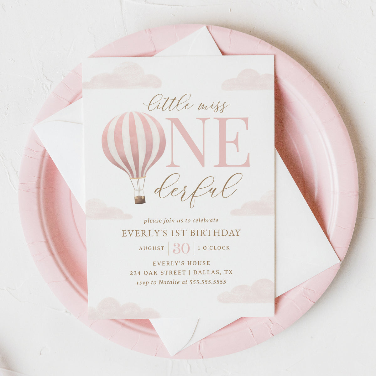 Editable Little Miss Onederful Hot Air Balloon Birthday Invitation
