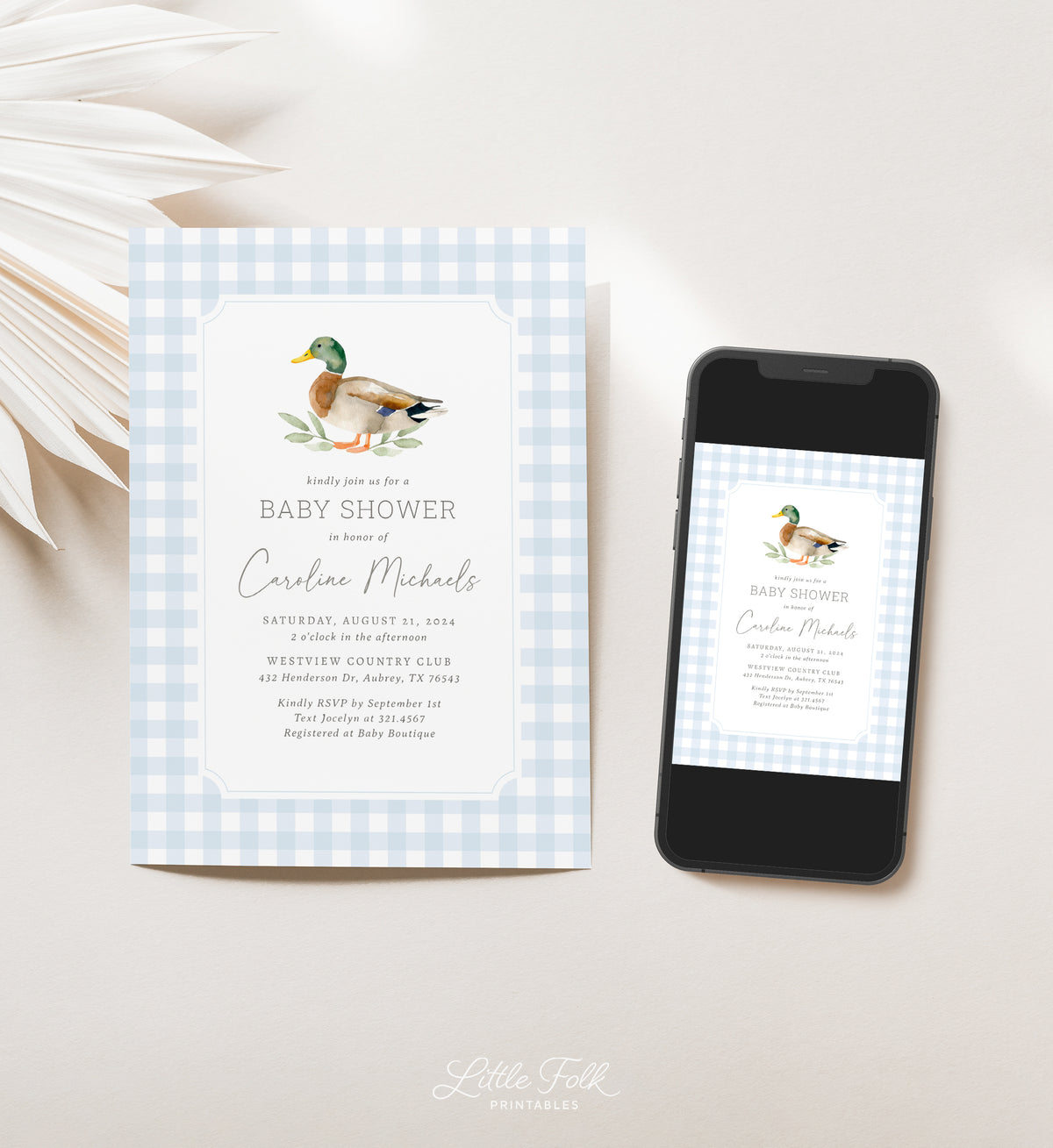 Blue Gingham Duck Baby Shower Invitation