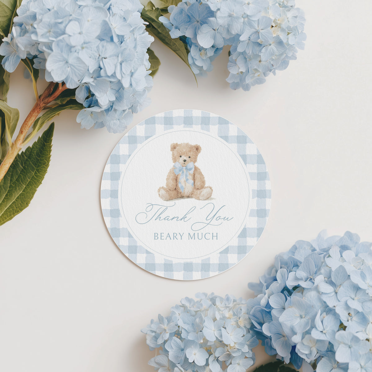 Blue Gingham Teddy Bear Baby Shower Round Tag