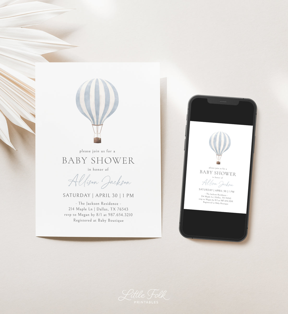 Minimalist Blue Hot Air Balloon Baby Shower Invitation