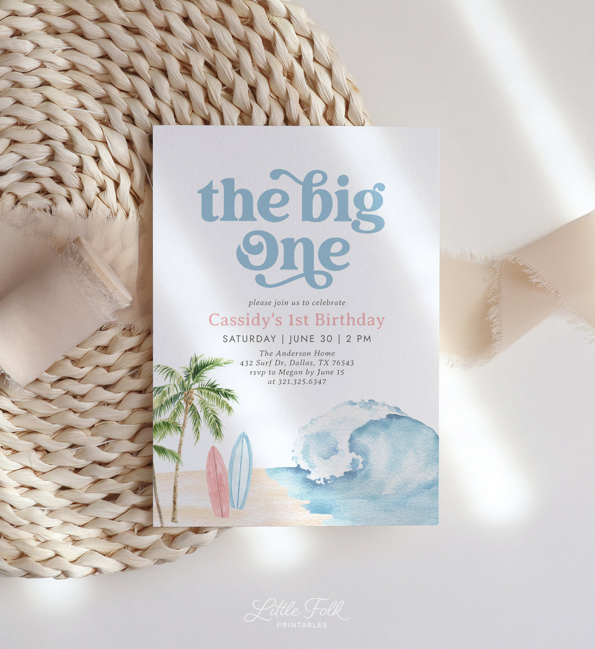 The Big One Pink Surf Birthday Invitation Template