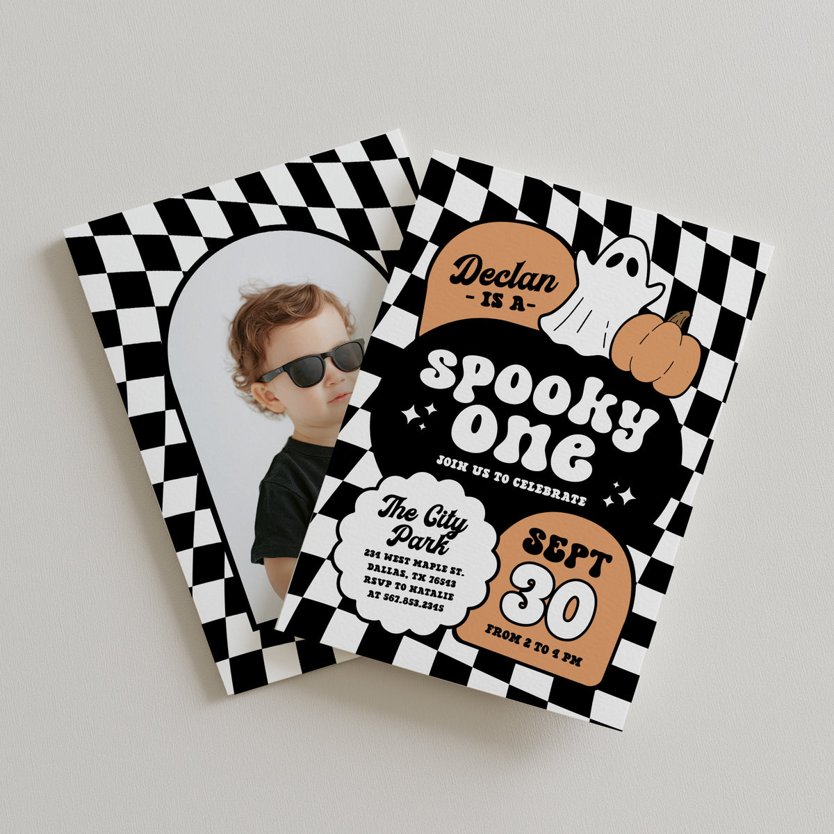 Orange Retro Checker Spooky One Halloween Birthday Invitation