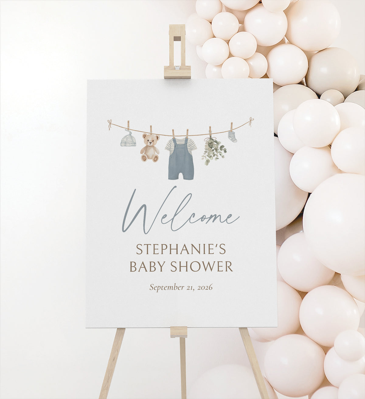 Blue Overalls Clothesline Baby Shower Welcome Sign