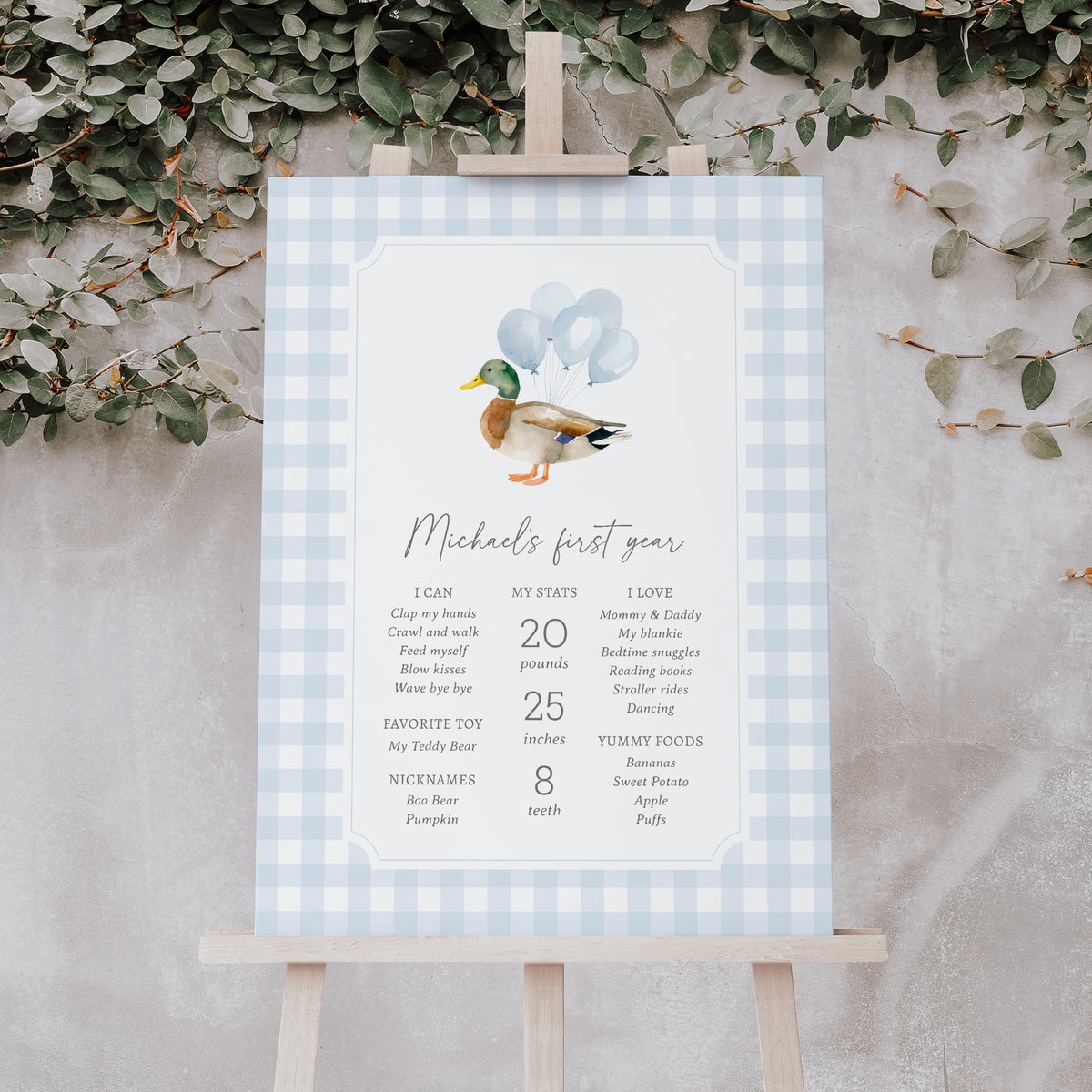 Blue Gingham Duck Birthday Milestone Sign Template