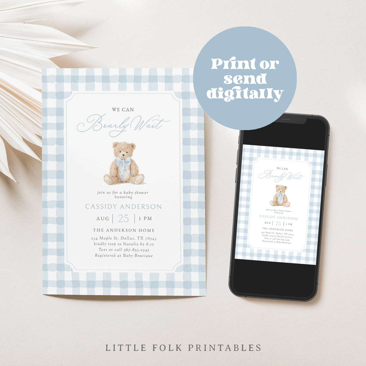 Blue Gingham Teddy Bear Baby Shower Invitation