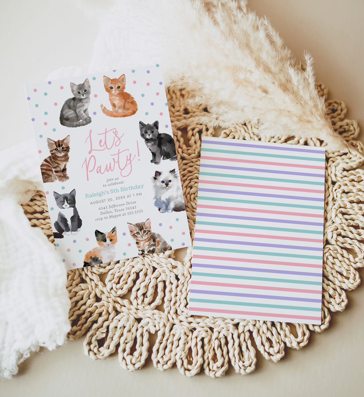 Editable Watercolor Kitten Birthday Invitation